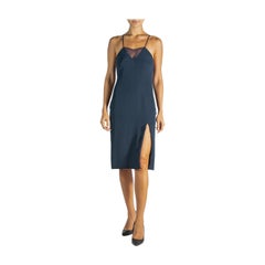 2000S Tamara Mellon Navy Blue Silk & Lace Dress With Slit, Nwt