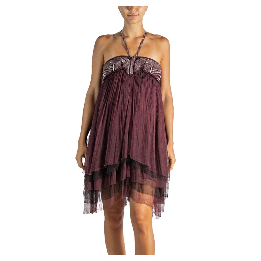 2000S Dor-Ri Burgundy & Silver  Silk Tulle Cocktail Dress For Sale