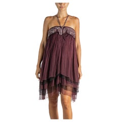 2000S Dor-Ri Burgundy & Silver  Silk Tulle Cocktail Dress