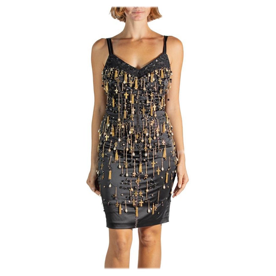 2000S Black & Gold Silk Chain Fringe Cocktail Dress For Sale