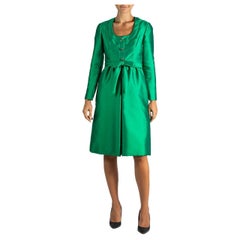 Robe de cocktail Kiki Hart des années 1960, vert émeraude, rayonne et soie