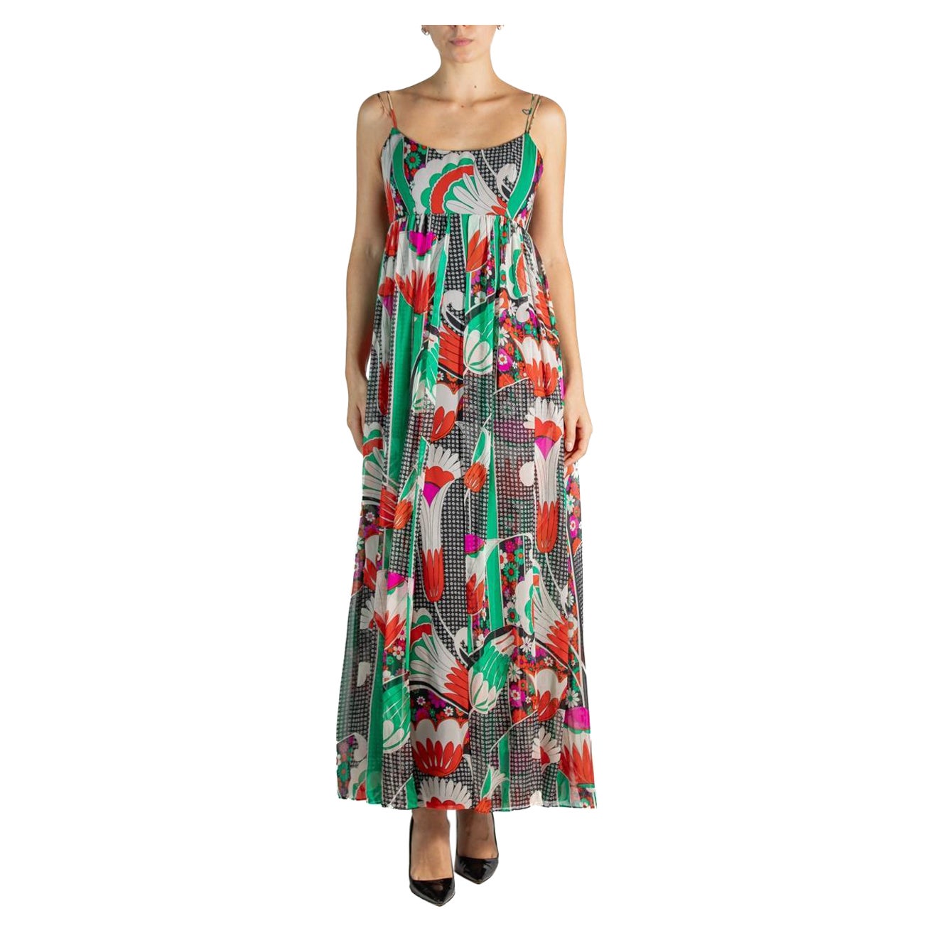 19601960S Green & Black Printed Silk Empire Waist  Dress For Sale