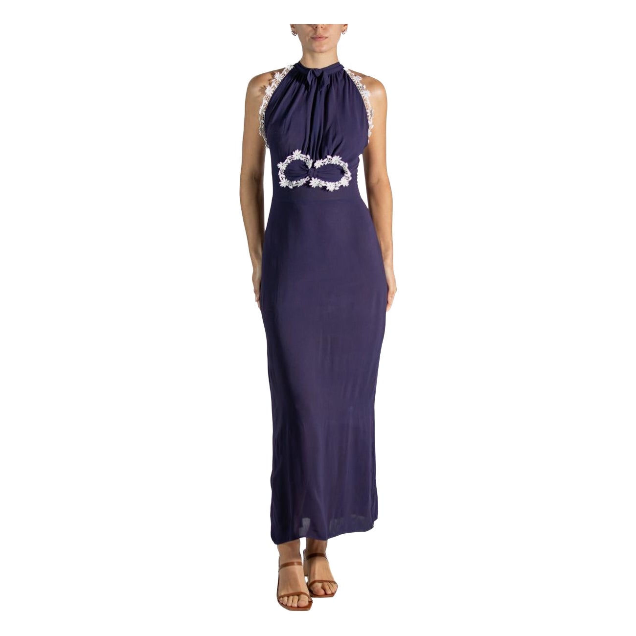 1930S Navy Blue & White Floral Applique Dress For Sale