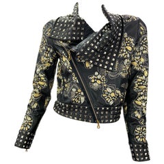 Vintage Oscar de la Renta FW 2009 Black Leather Embroidered Studded Jacket US  6
