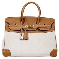 HERMES BIRKIN 35 Bag Rare Toile and Gold Clemence Leather Gold Hardware 