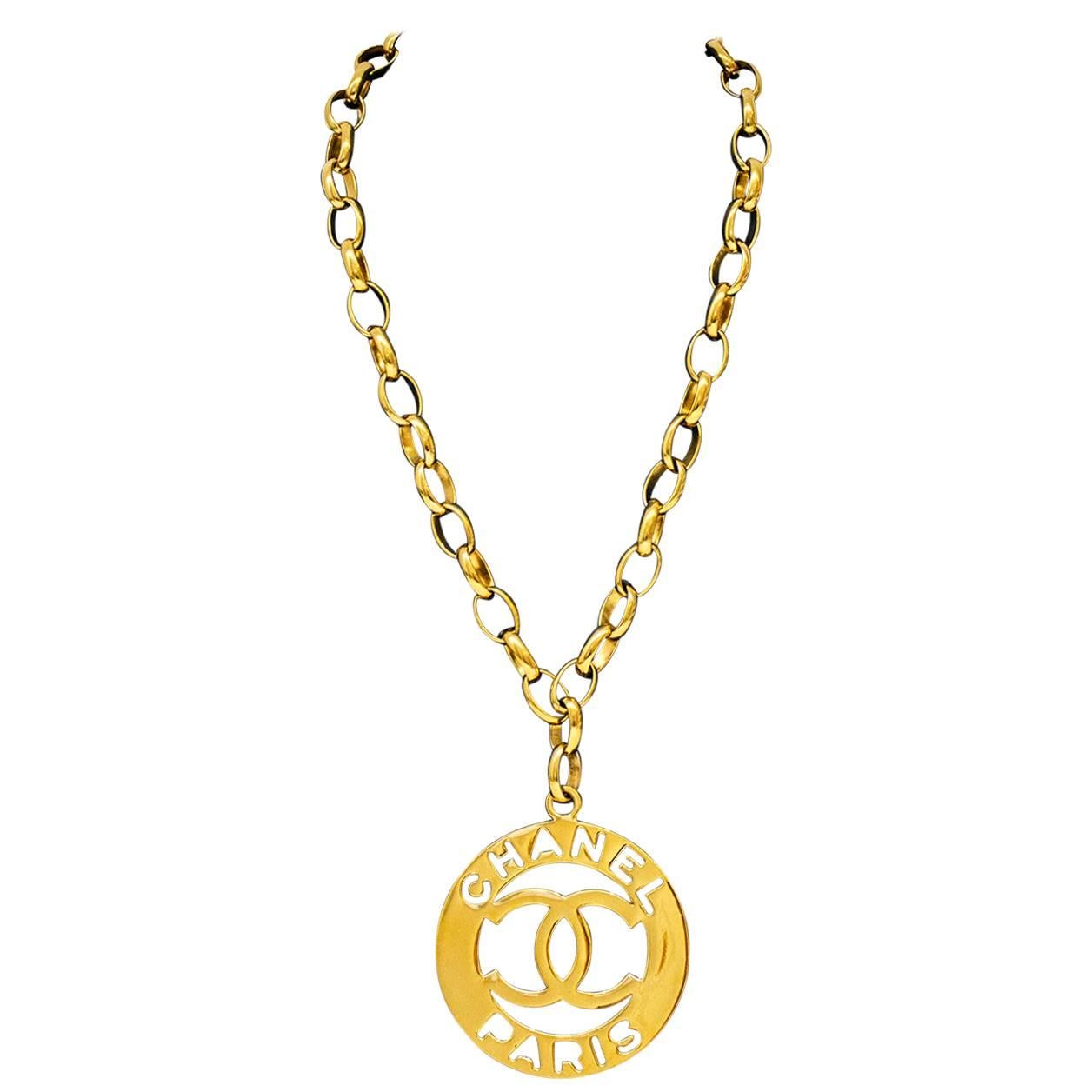 1980's Chanel Large Logo Pendant and Chain Link Necklace 