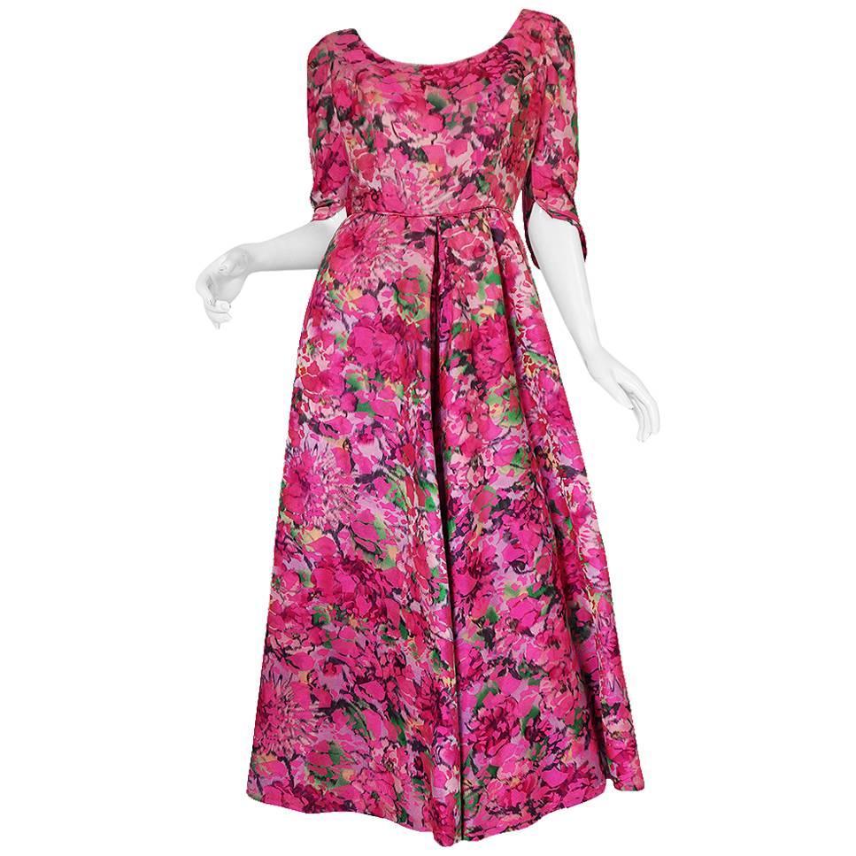 Early 1960s Jean Louis Beautiful Pink Floral Silk Midi Dress