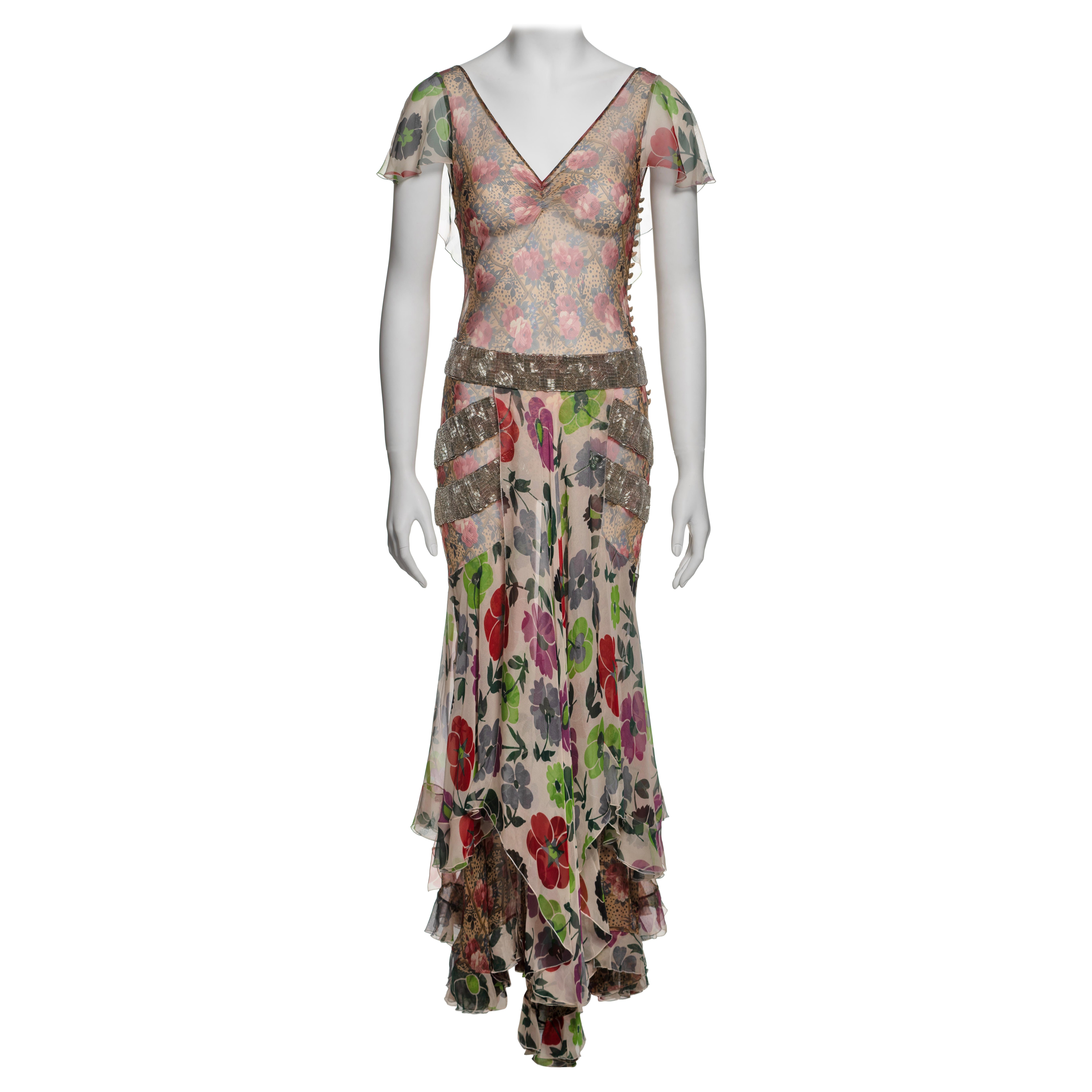 Christian Dior by John Galliano Floral Silk Dress with Beaded Trim, FW 2001 For Sale