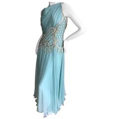 Bob Mackie One Shoulder Turquoise Goddess Gown with Fringe Pearl Embellishment