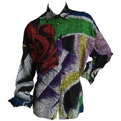 Gianni Versace 1980's Pointillist Floral Leopard Print Cotton Blouse 3