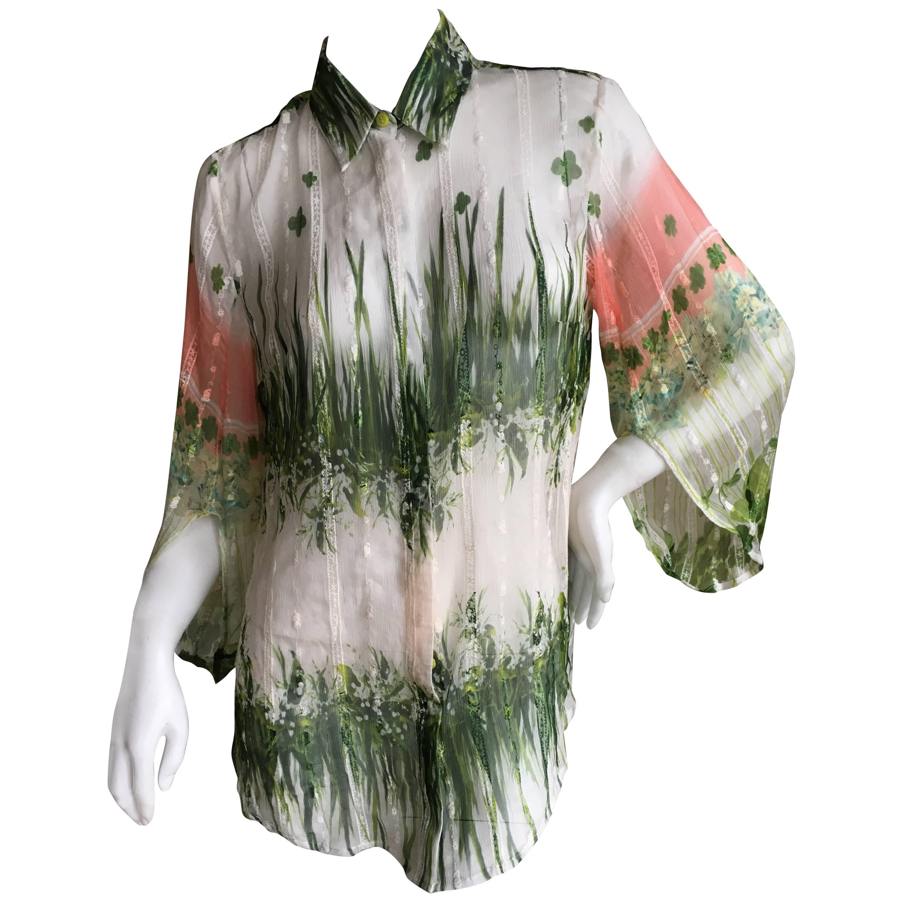 Roberto Cavalli Sheer Lace Trimmed Floral Blouse For Sale