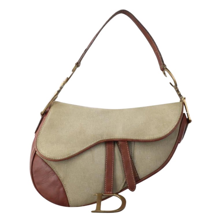 Dior Saddle Vintage Khaki Canvas with Brown Leather Gold Hardware For Sale