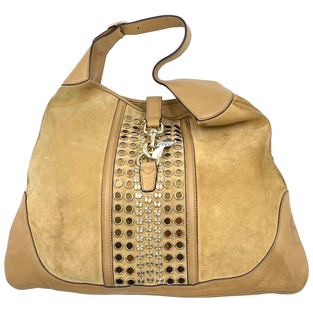 Gucci Jackie Vintage Medium Tan Brown Suede Leather Gold Hardware For Sale