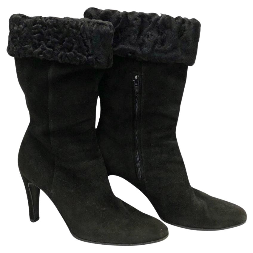 Chanel black suede and fur trim ankle boots For Sale