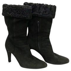 Vintage Chanel black suede and fur trim ankle boots