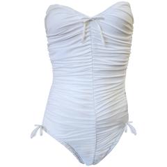 1980s Yves Saint Laurent White Ruched Swimsuit 