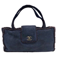 Vintage Chanel dark blue suede shearling trim CC turn-lock shoulder handbag