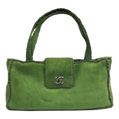 Vintage Chanel green suede shearling trim CC turn-lock shoulder handbag