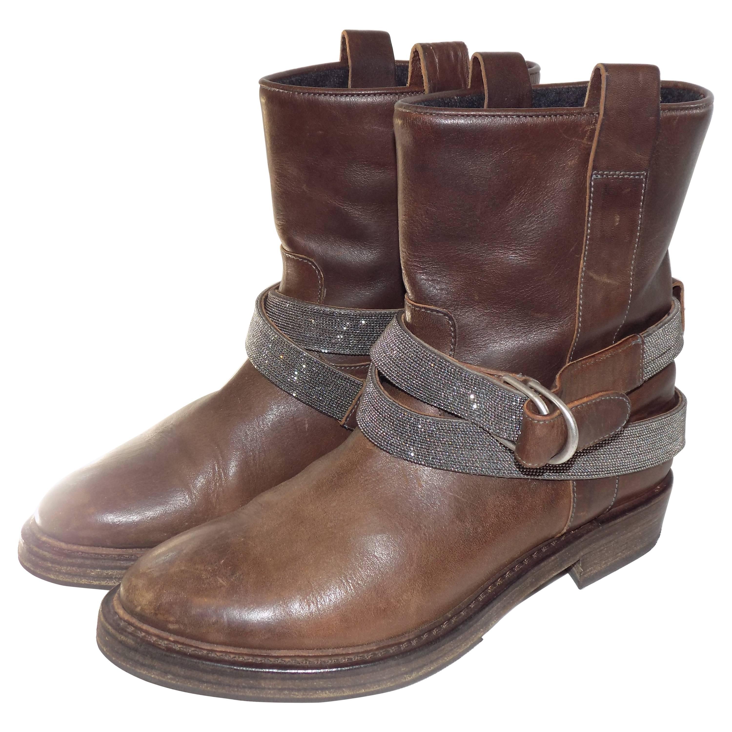 Brunello Cucinelli Leather Boots with Monili Strap Sold out Ret $1945