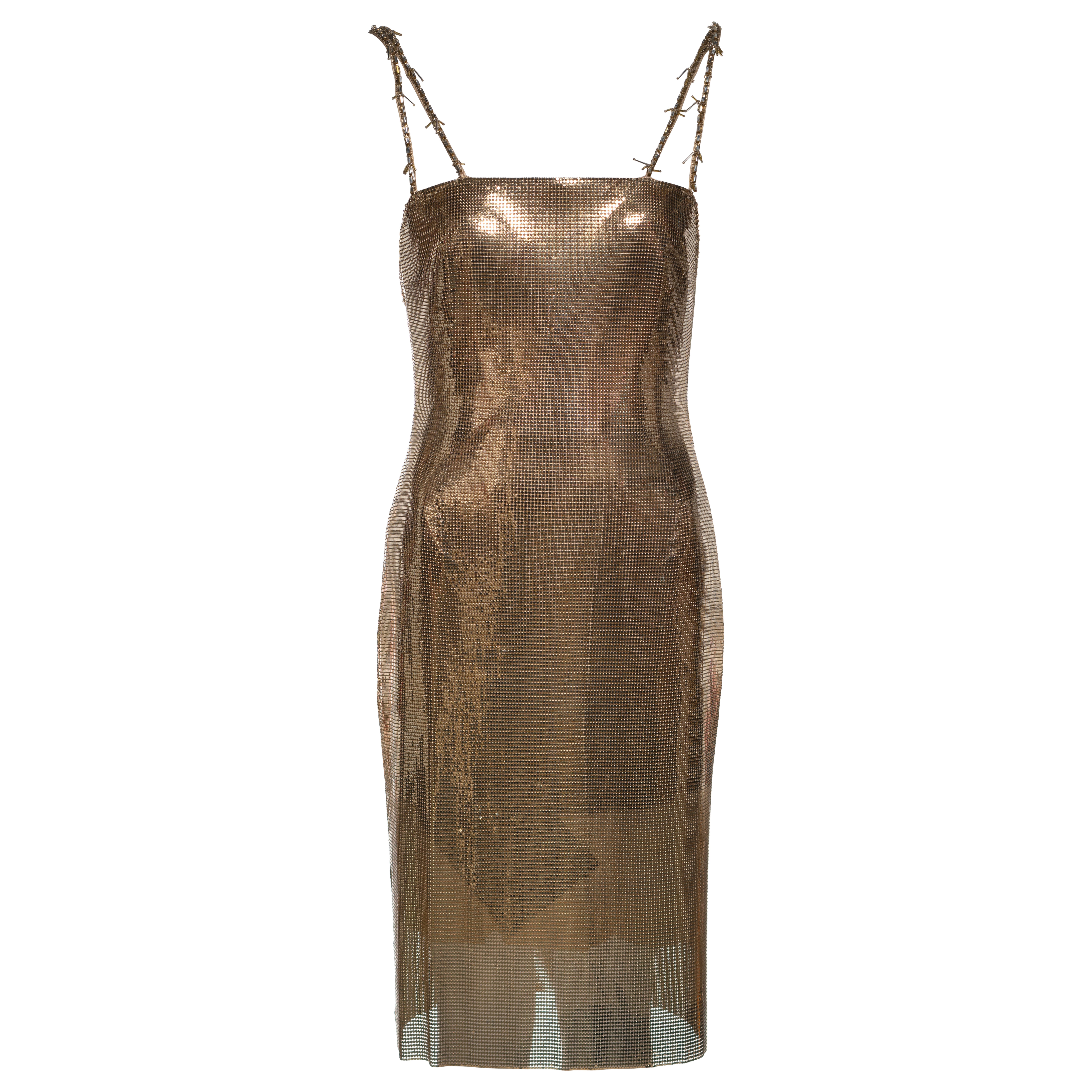 Gianni Versace Gold Metal Mesh Evening Dress with Crystal Barbed Straps, FW 1998