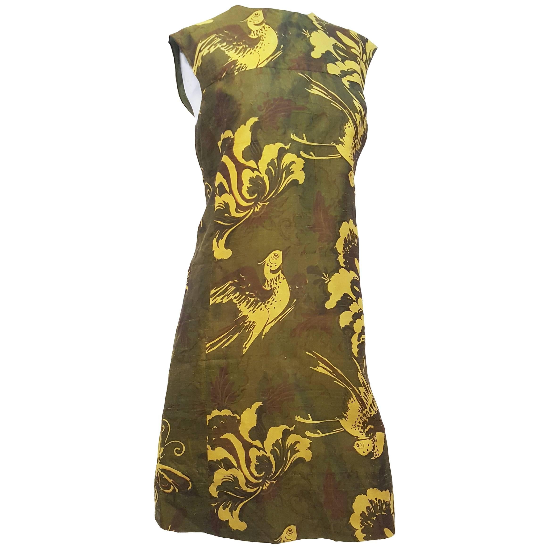 1960s Silk Handmade Olive Green Shift Dress For Sale