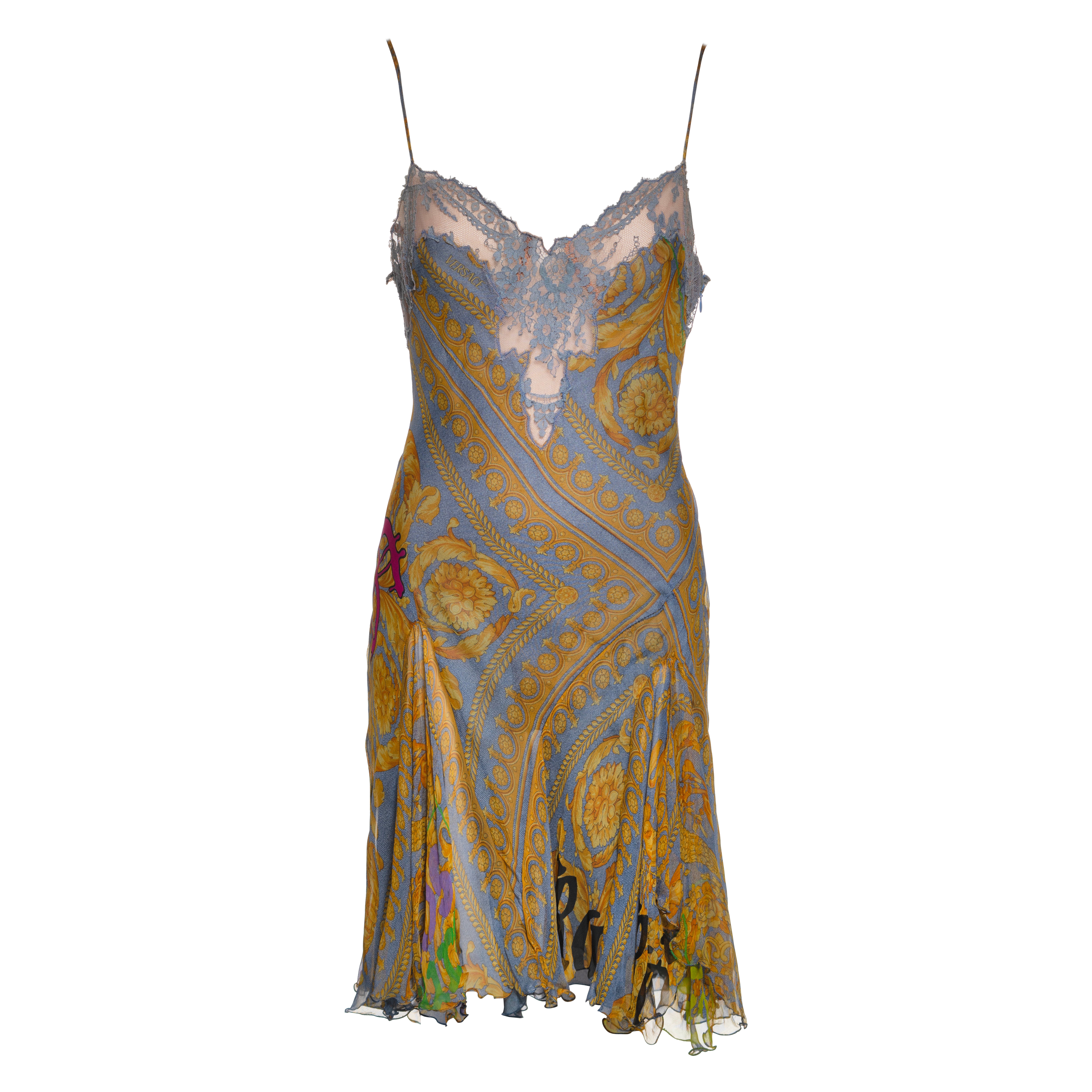 Versace Silk Chiffon Slip Dress with Baroque Print & Lace Trim, SS 2005