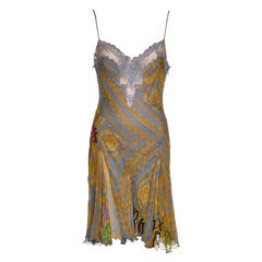 Versace Silk Chiffon Slip Dress with Baroque Print & Lace Trim, SS 2005