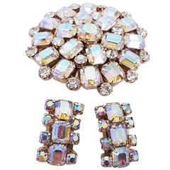 1950s Aurora Borealis Crystal Weiss Brooch and Earrings Set