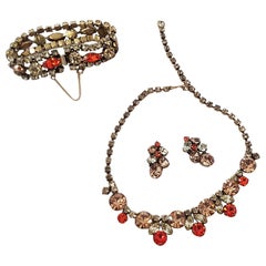 1950s Regency Amber & Orange Rhinestone Set with Earrings, Bracelet and Necklace