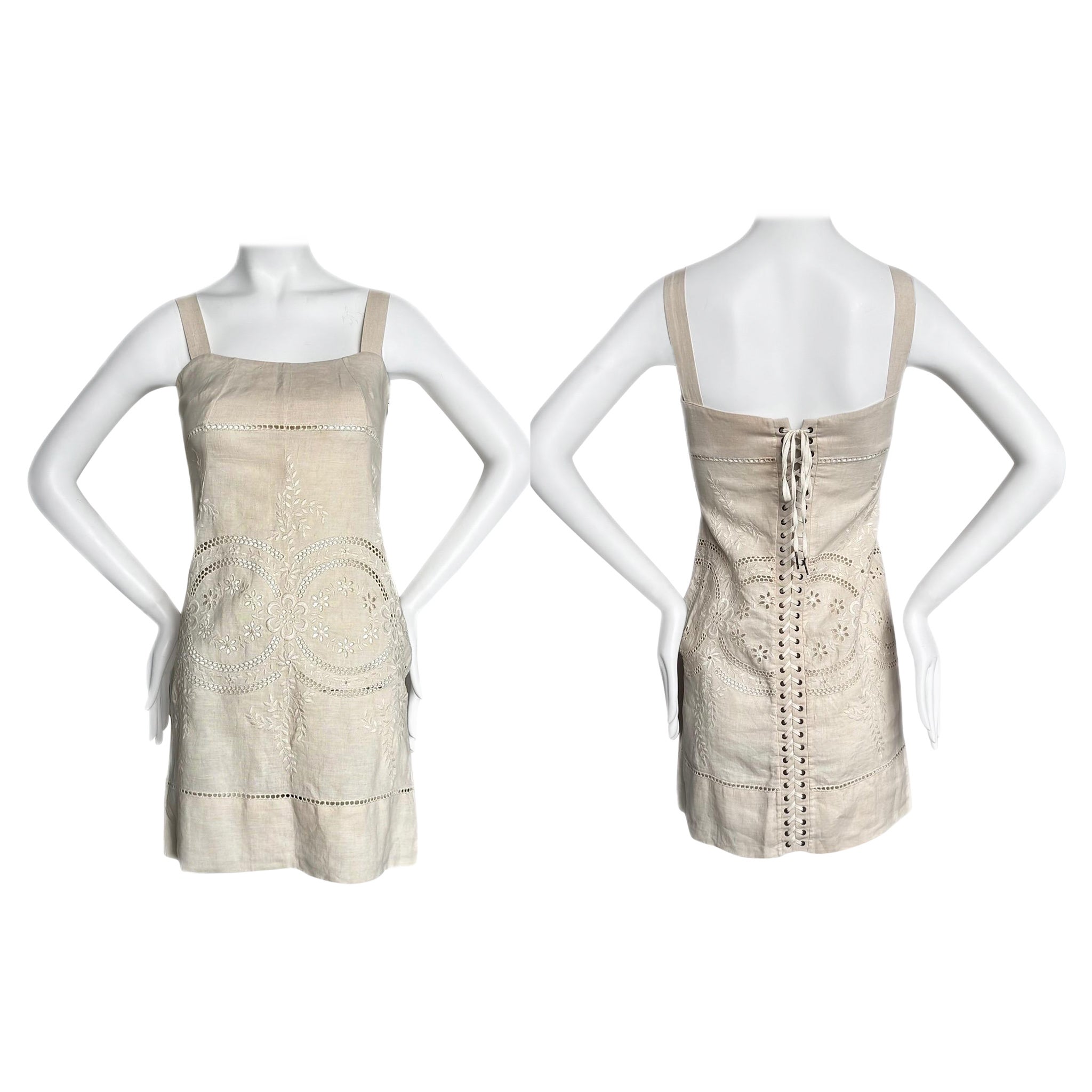 DOLCE & GABBANA Vintage Linen Eyelet Lace-Up Mini Dress Corset Back For Sale