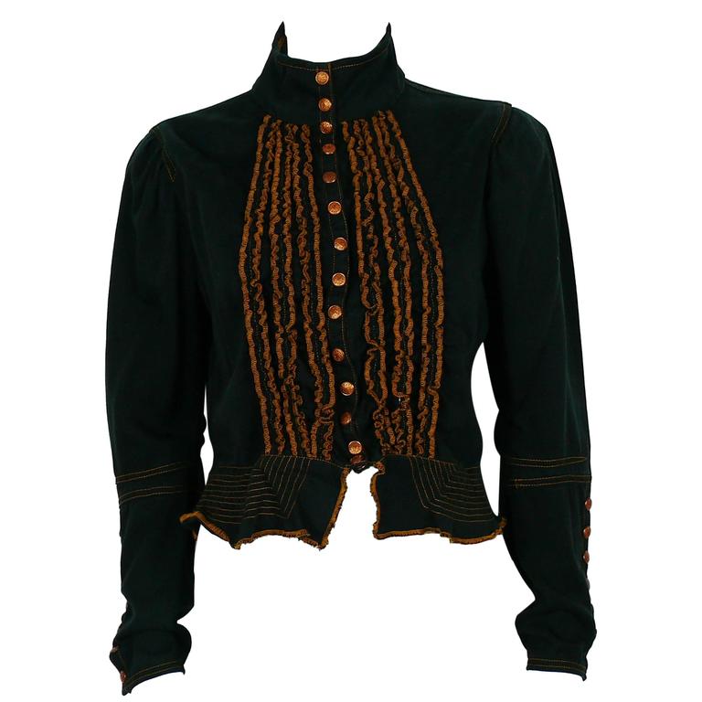 Jean Paul Gaultier Vintage Black Military Style Ruffeled Light Jacket ...