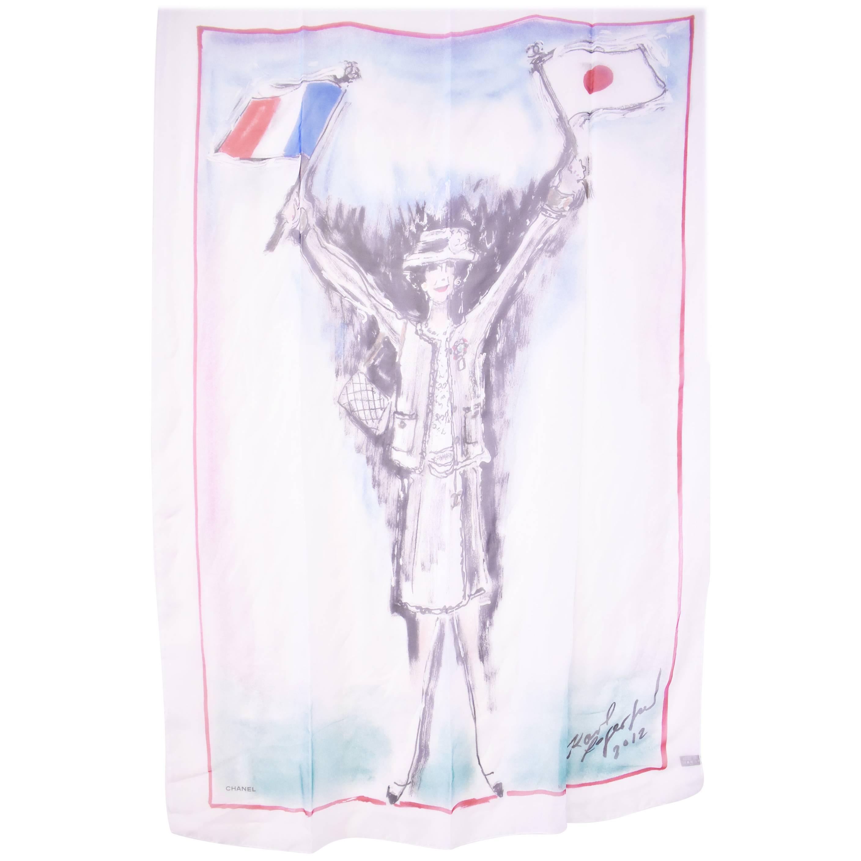 Chanel White Silk Scarf with Coco Chanel Sketch by Karl Lagerfeld 2012