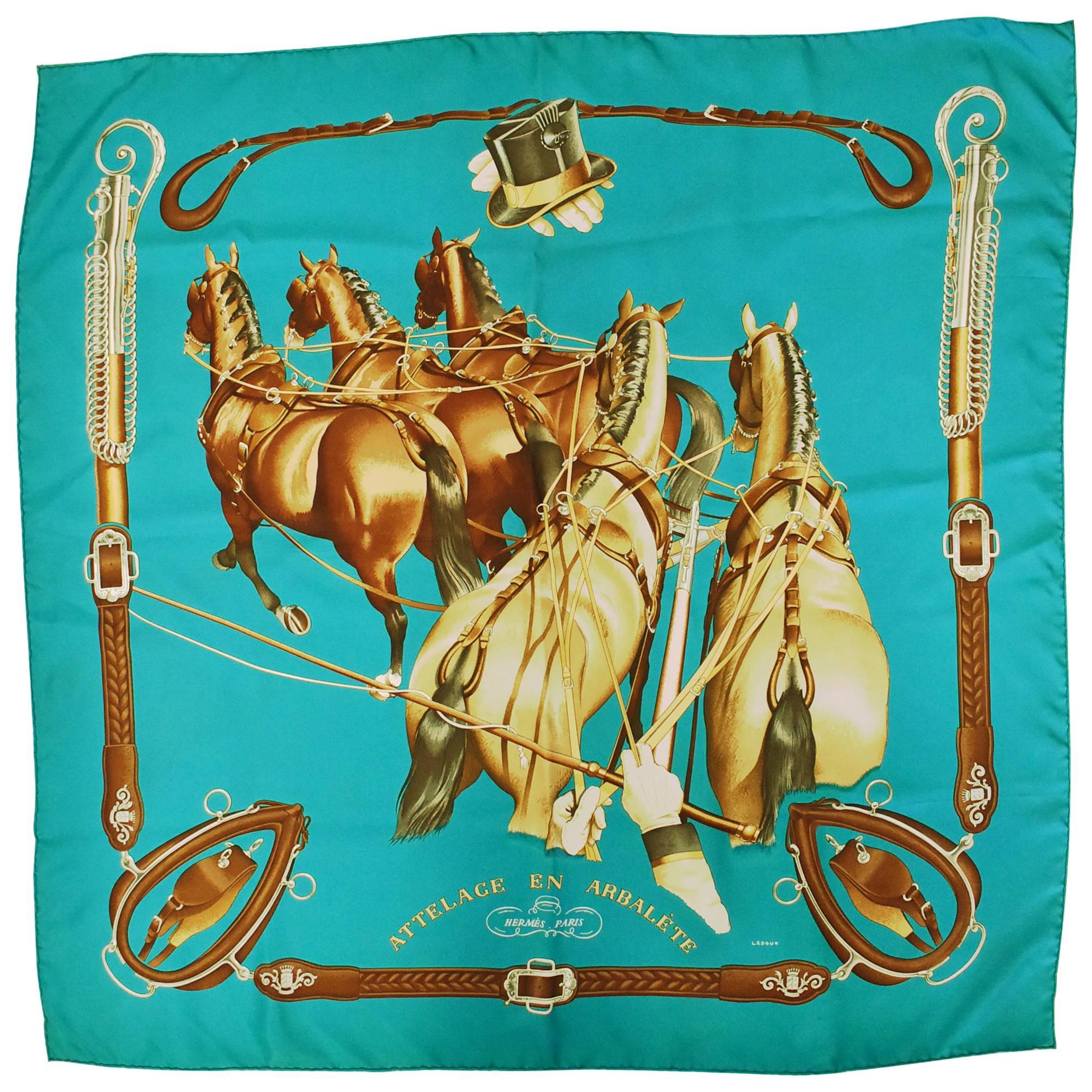 Hermes Philippe Ledoux Teal “Attelage En Arbalète” Print Silk Scarf 1972