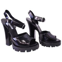 Prada Black Open Toe Ankle Strap Heels with Chunky Rubber Sole Unworn with box