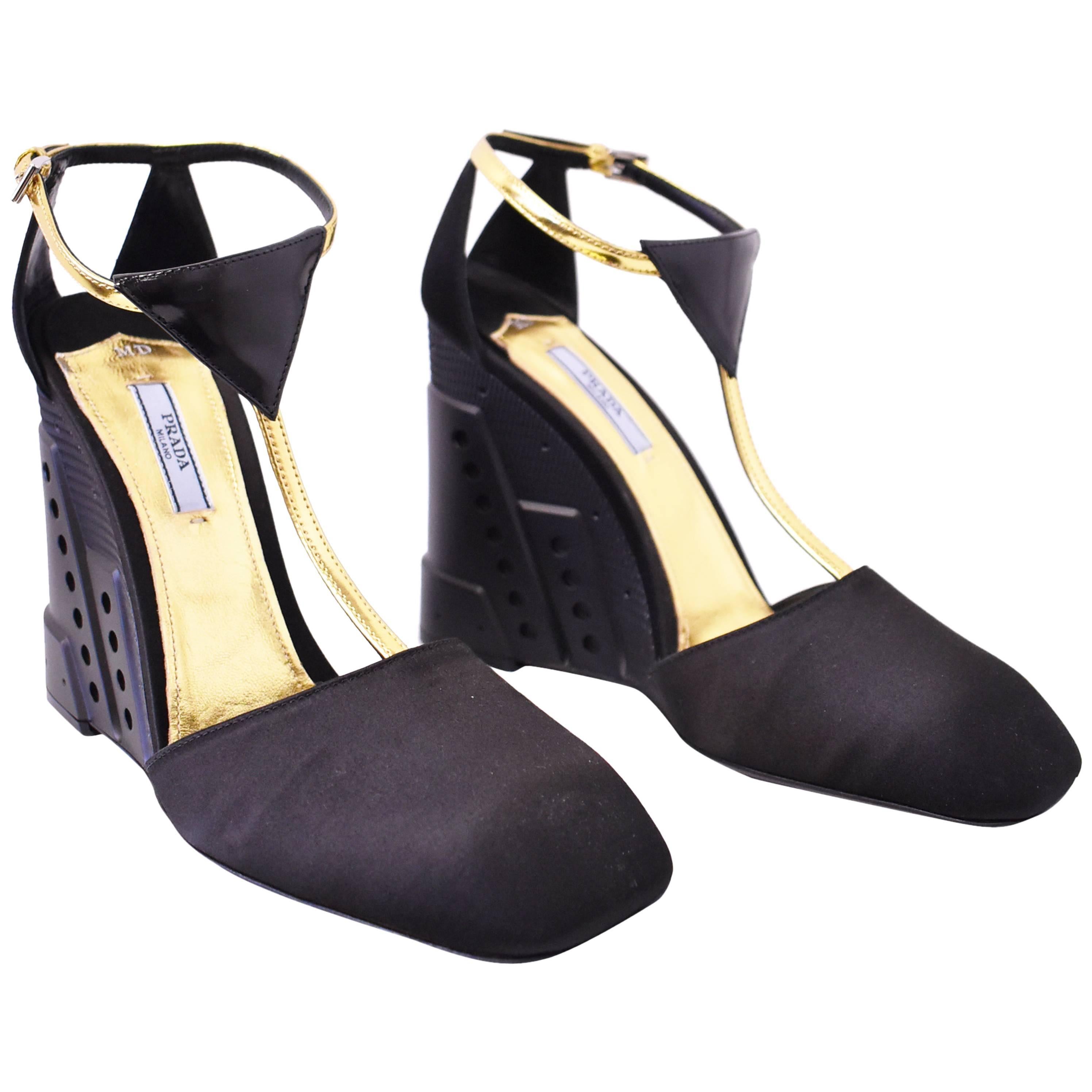 Prada Black Wedge Shoes with Gold Ankle Strap Unworn with Box and Dustbag A/W 14 For Sale