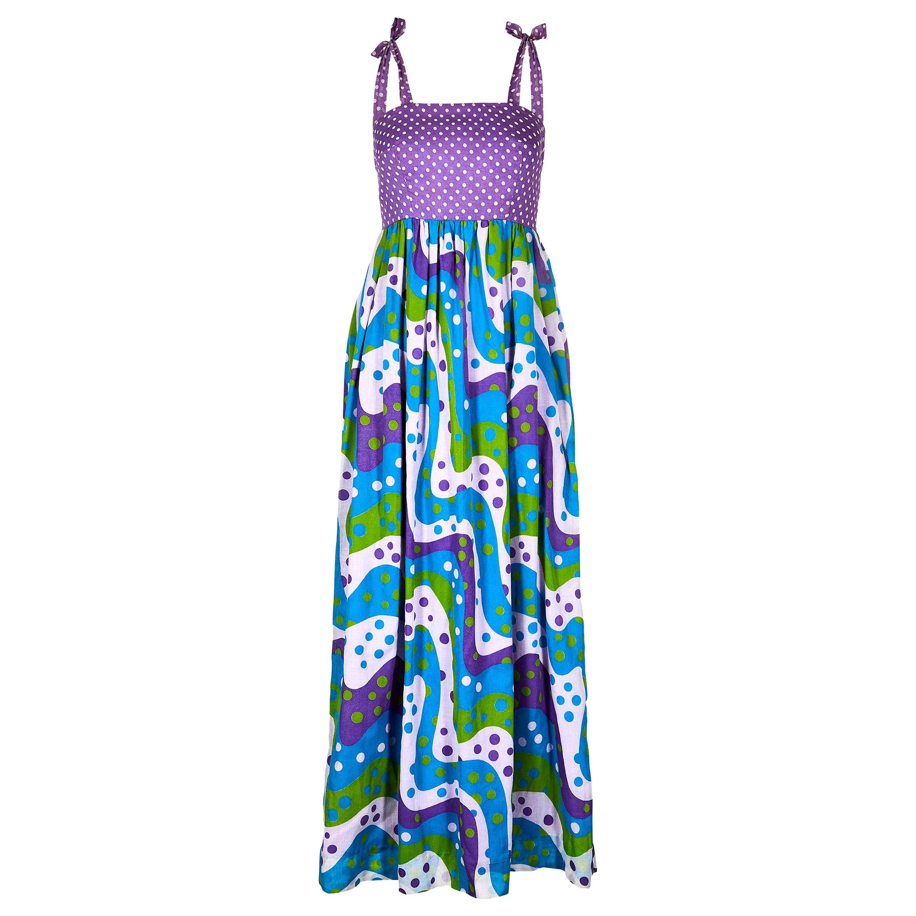 1970s Multi Coloured Polka Dot Maxi Dress For Sale