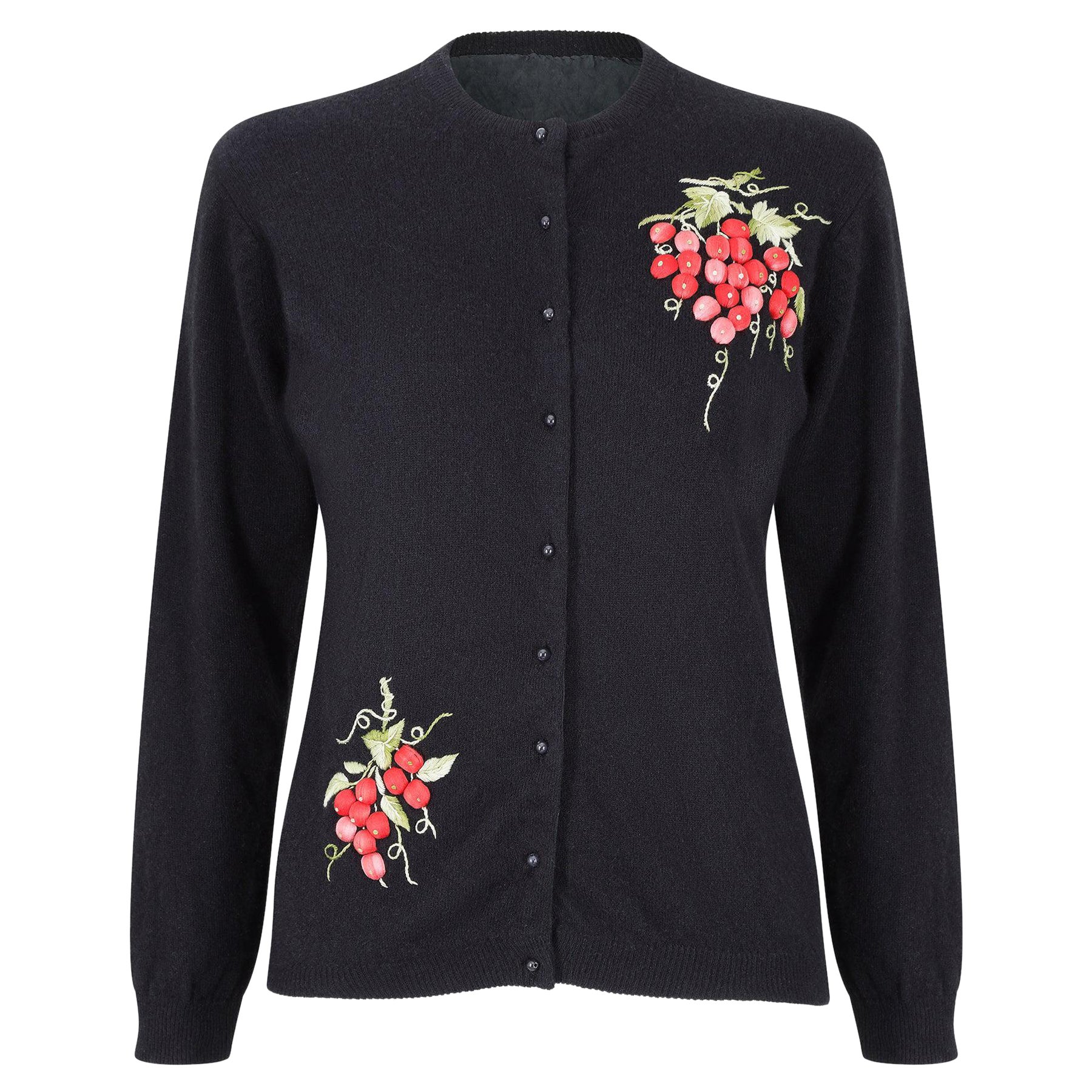1980s Black Wool Cardigan with Raised Satin Stitch Grape Applique For Sale