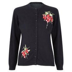 1980s Black Wool Cardigan with Raised Satin Stitch Grape Applique