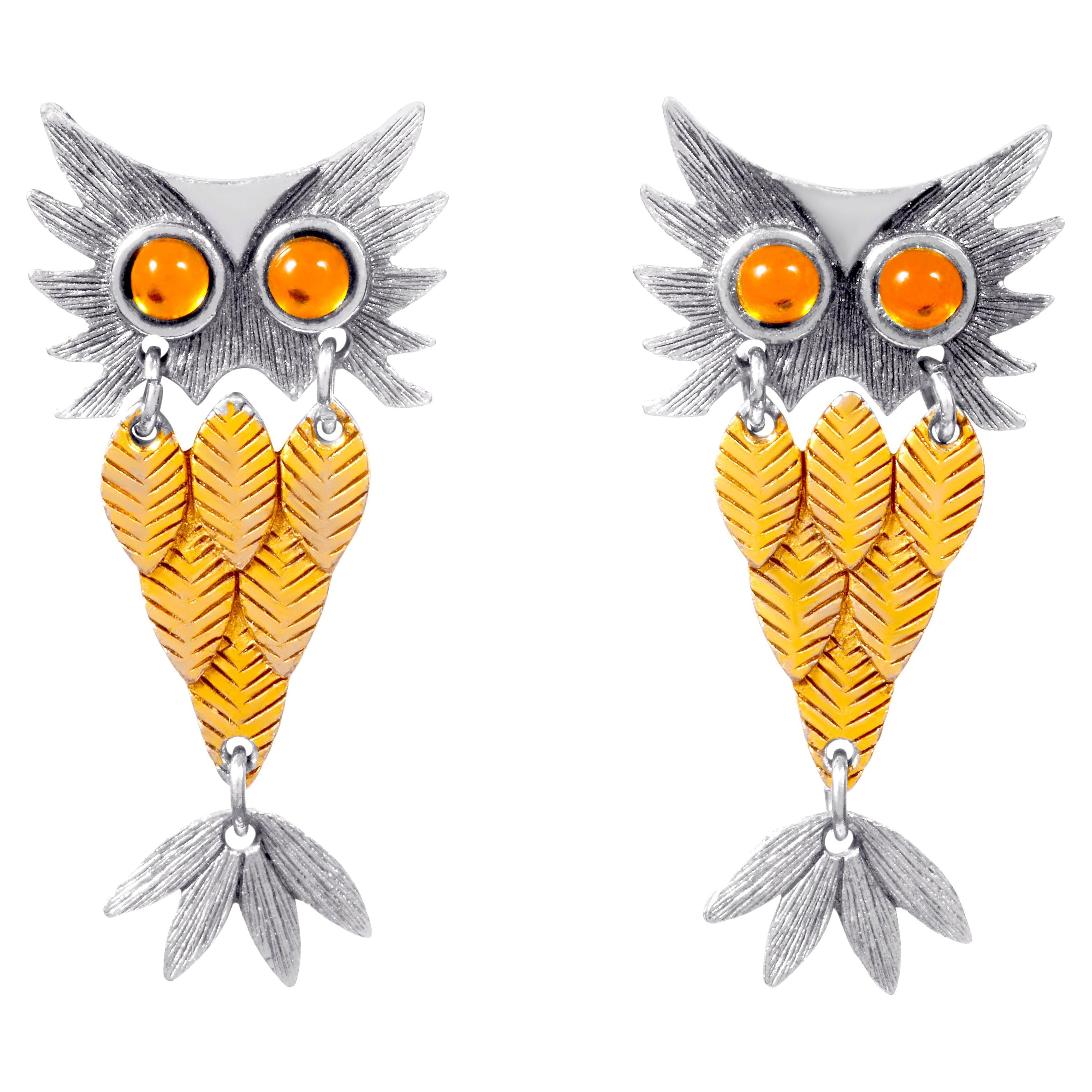 Original 1970s Articulated Owl Clip Earrings