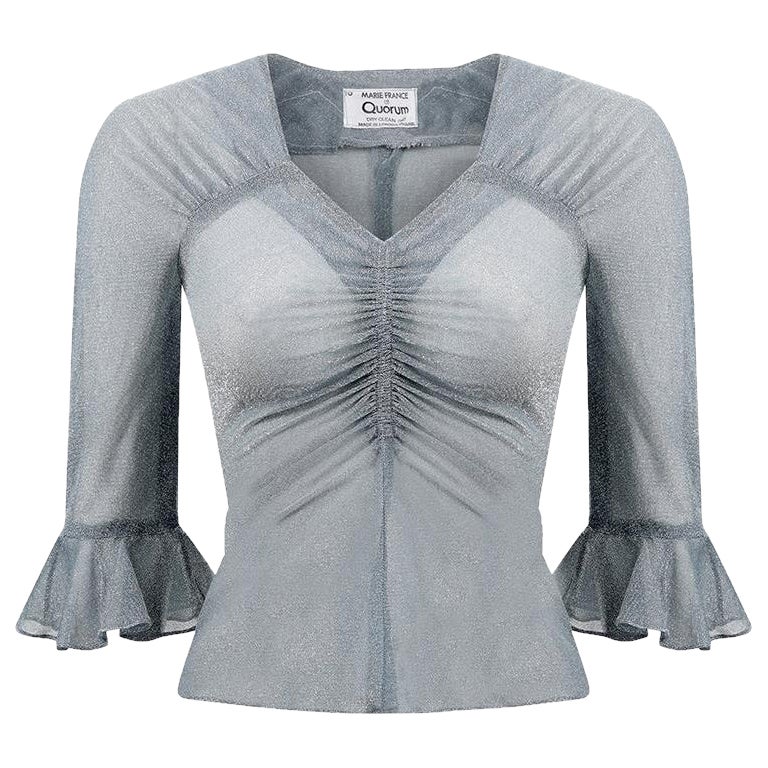 1970s Quorum Silver Blue Disco Top With Flounce Sleeves For Sale