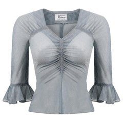 Vintage 1970s Quorum Silver Blue Disco Top With Flounce Sleeves