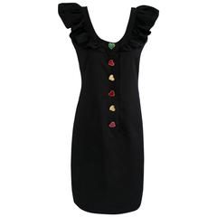 Vintage Yves Saint Laurent Heart Buttons Ruffled Collar Sleeveless Shift Dress 8