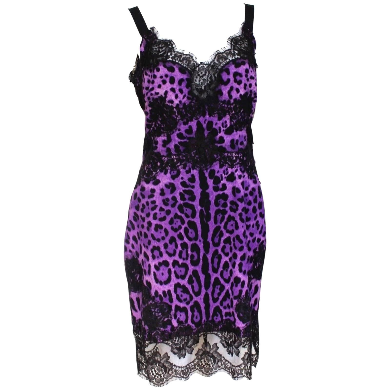 Dolce & Gabbana Black Lace Purple Leopard Print Dress 44 uk 12  For Sale