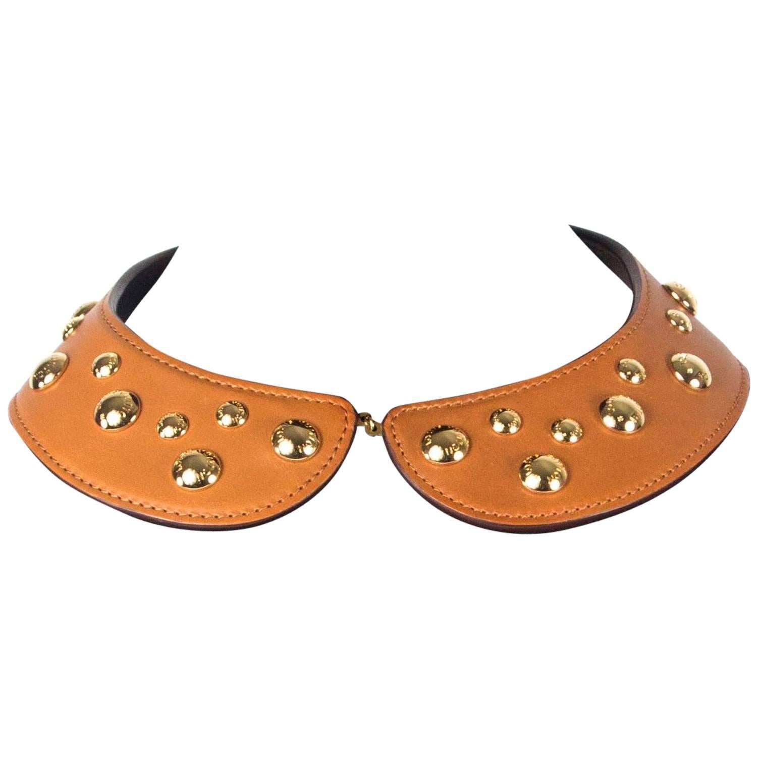 Louis Vuitton Necklace - Lock Me - Gold Studded Tan Leather Collar Choker Brown For Sale