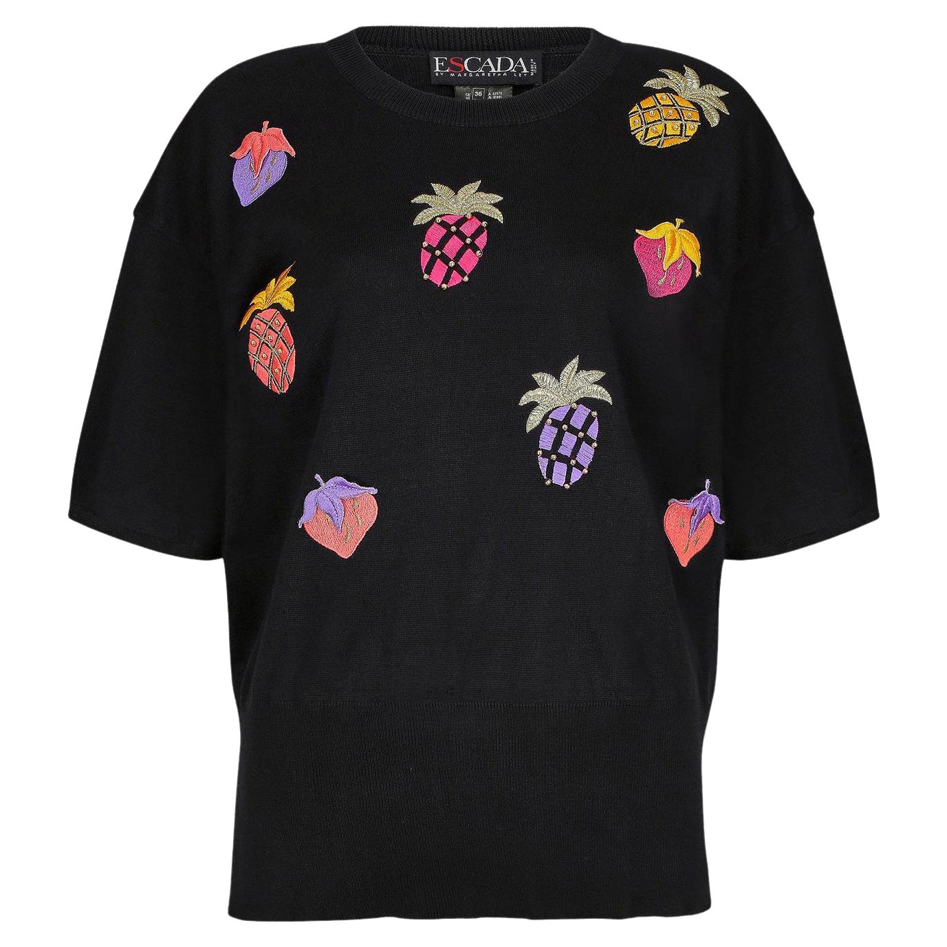 1990s Escada Navy Embroidered Fruit Salad Top For Sale