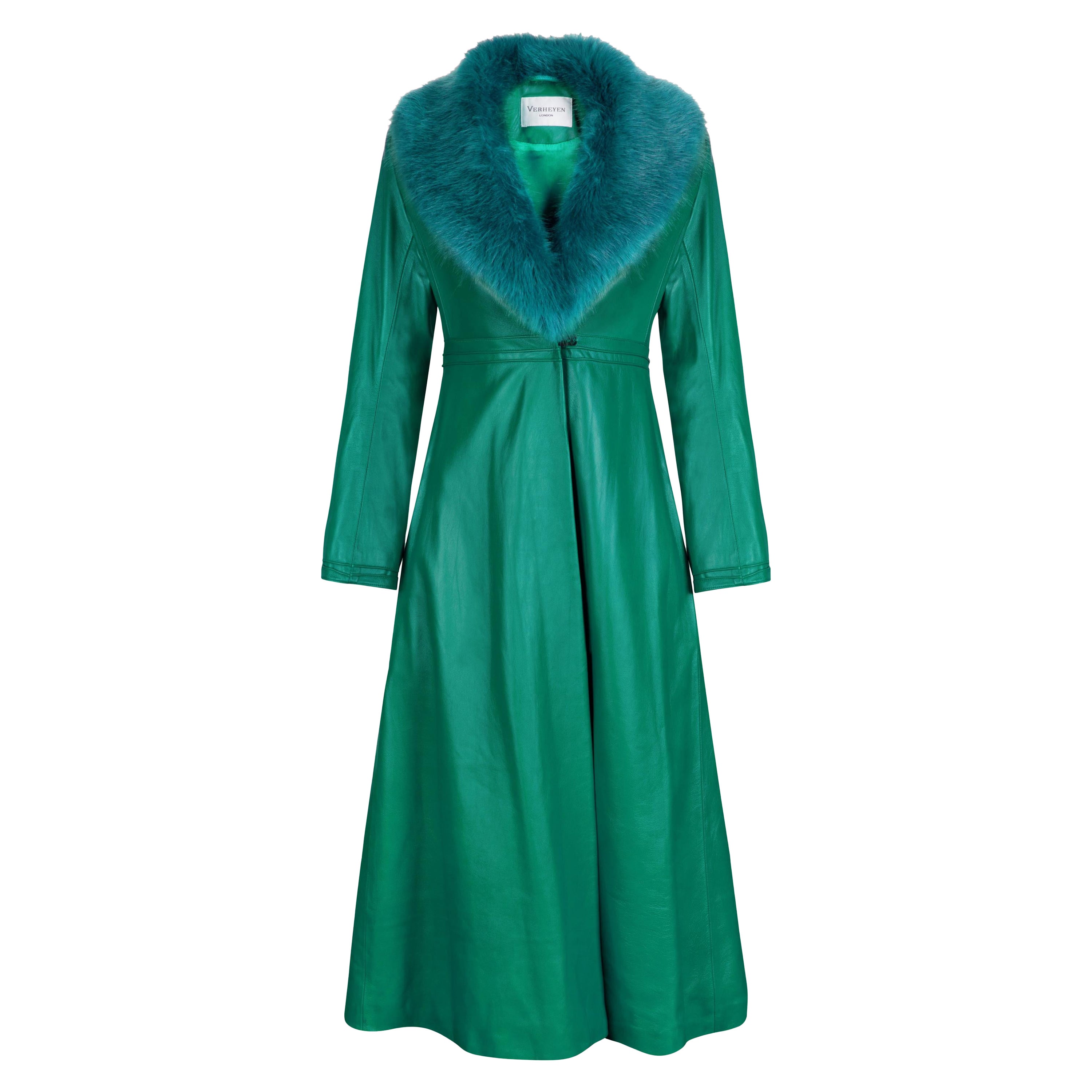 Verheyen London Edward Leather Coat in Green & Green Faux Fur For Sale