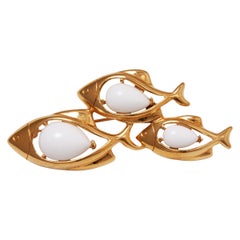 1970s Novelty Trifari Gold and White Trio of Fish Brooch