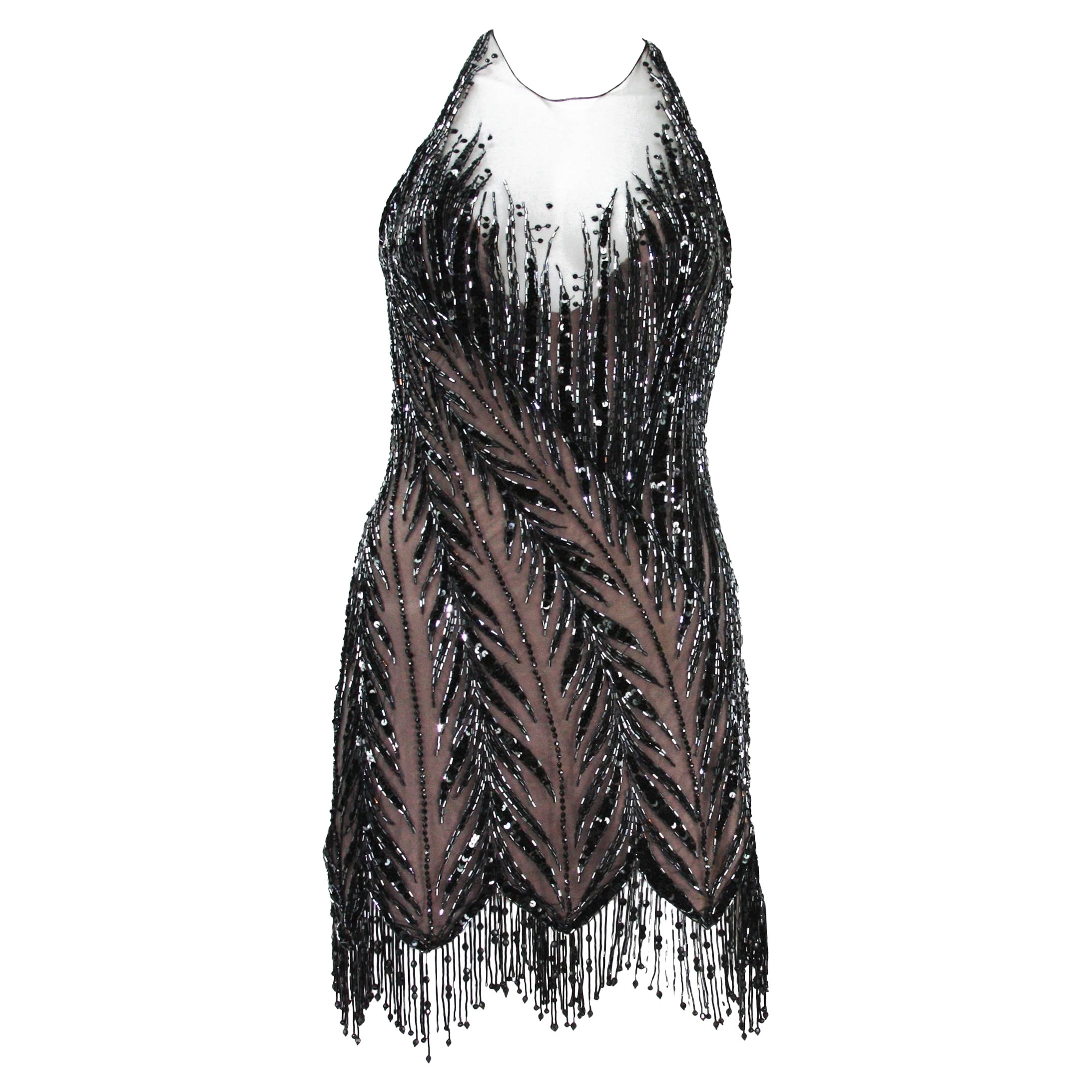 Vintage Bob Mackie 80er Jahre Perlen Gatsby Flapper Open Back Kleid Größe 6 und 12 im Angebot