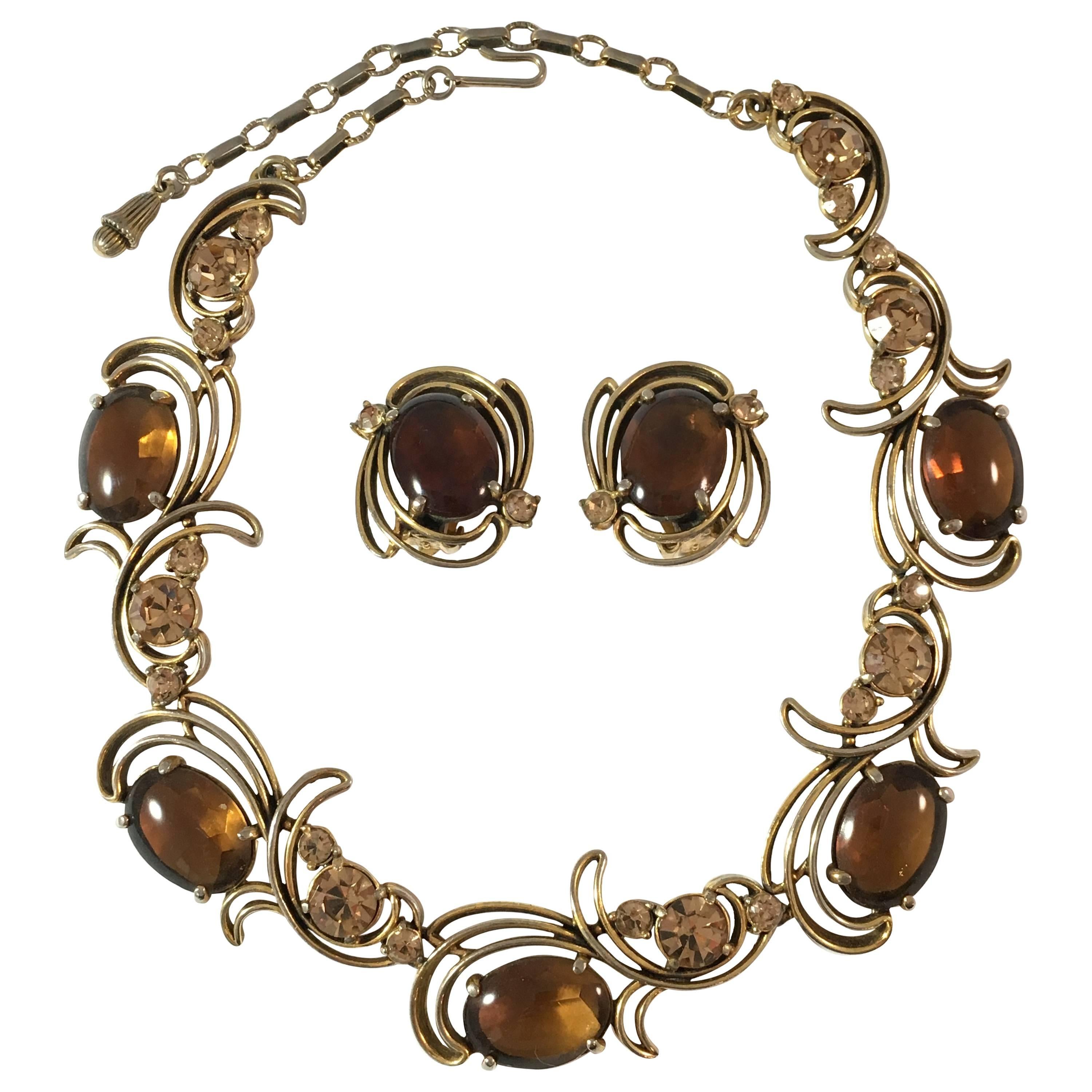 1950s Elsa Schiaparelli Brown Crystal Necklace and Earring Set For Sale