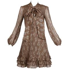 Stella McCartney Metallic Gold + Taupe Silk Dress with Ascot Tie